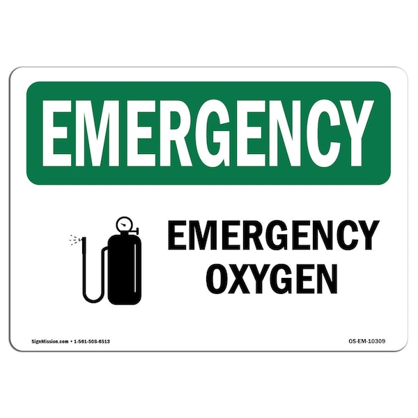 Safety Sign, OSHA EMERGENCY, 7" Height, Aluminum, Oxygen, Landscape